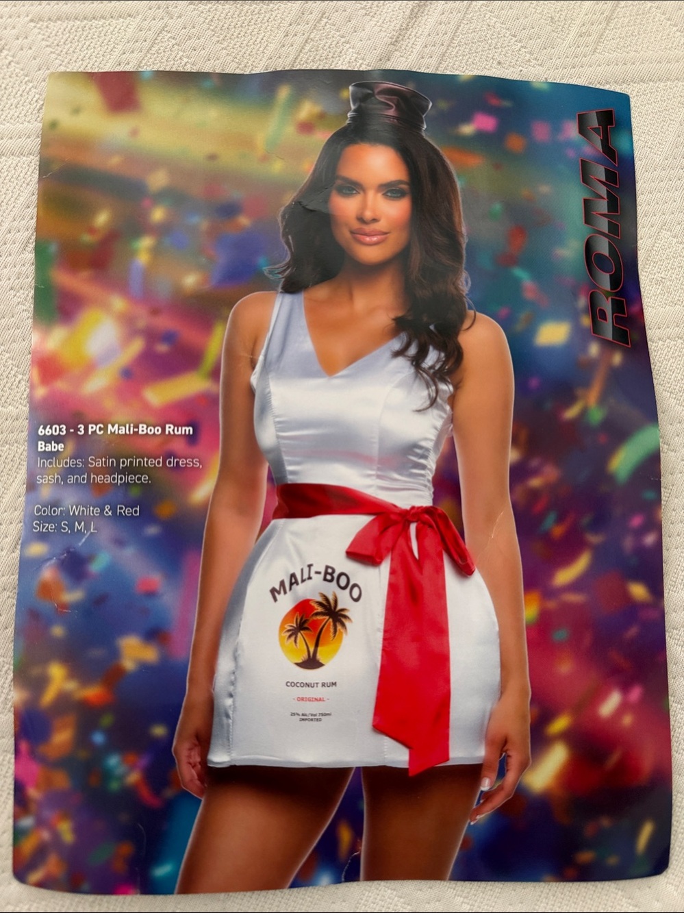 White Satin Costume Dress with Red Sash and Headpiece